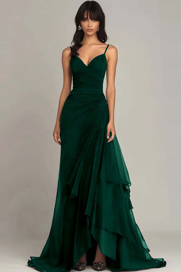 Dark Green A Line Spaghetti Straps Ruffled Formal Dress